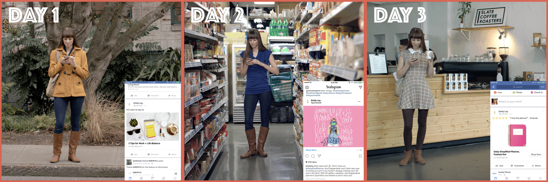 Emily Ley sequential retargeting ad campaign across Facebook and Instagram showing educational content, discount offer, and social proof